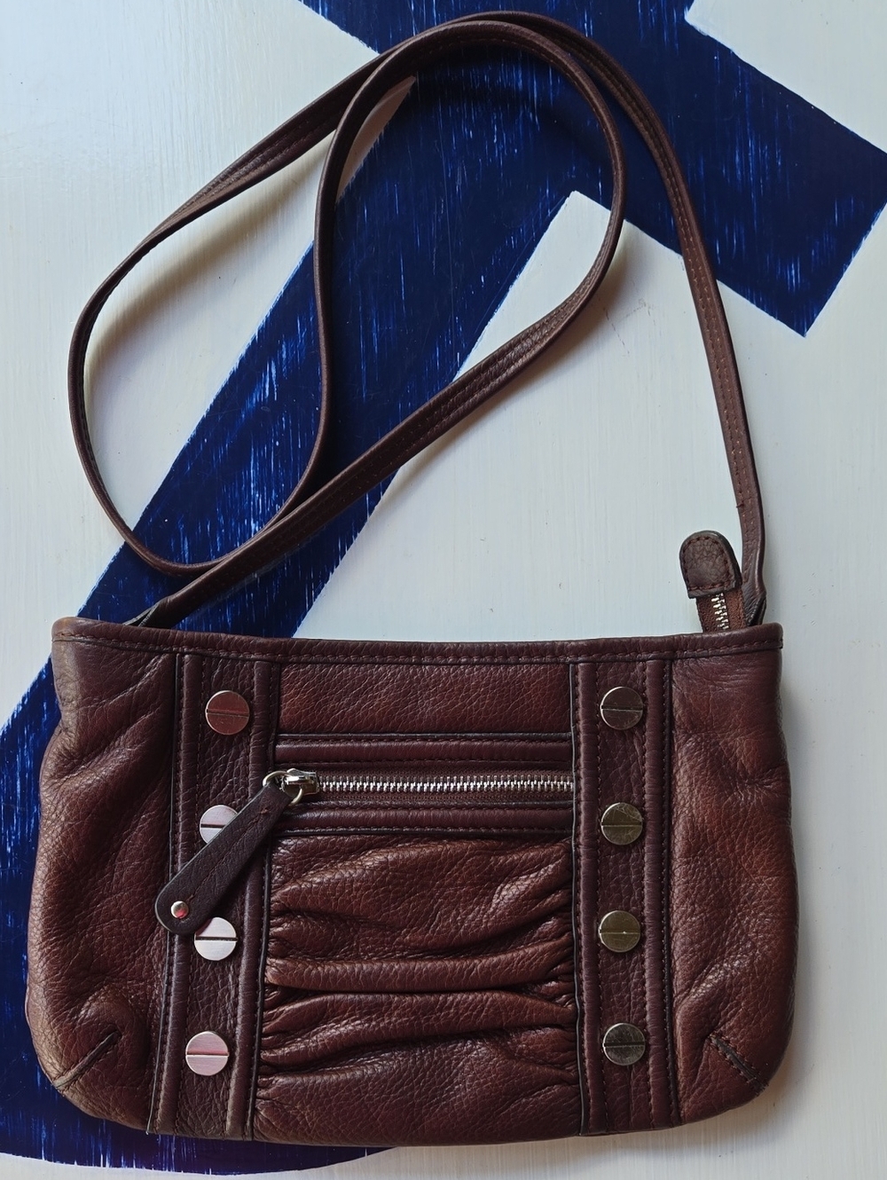 B. Makowsky Small Brown Leather Crossbody With Silver Studding Accent
